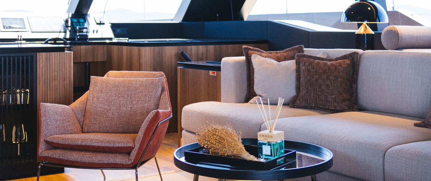 Luxury Yacht Interior with Modern Design Luxury yacht interior featuring contemporary furnishings and panoramic windows.