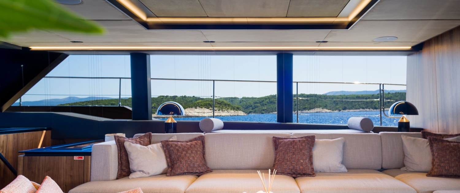 Luxury Yacht Interior with Ocean View Luxury yacht interior with panoramic ocean view and modern decor.