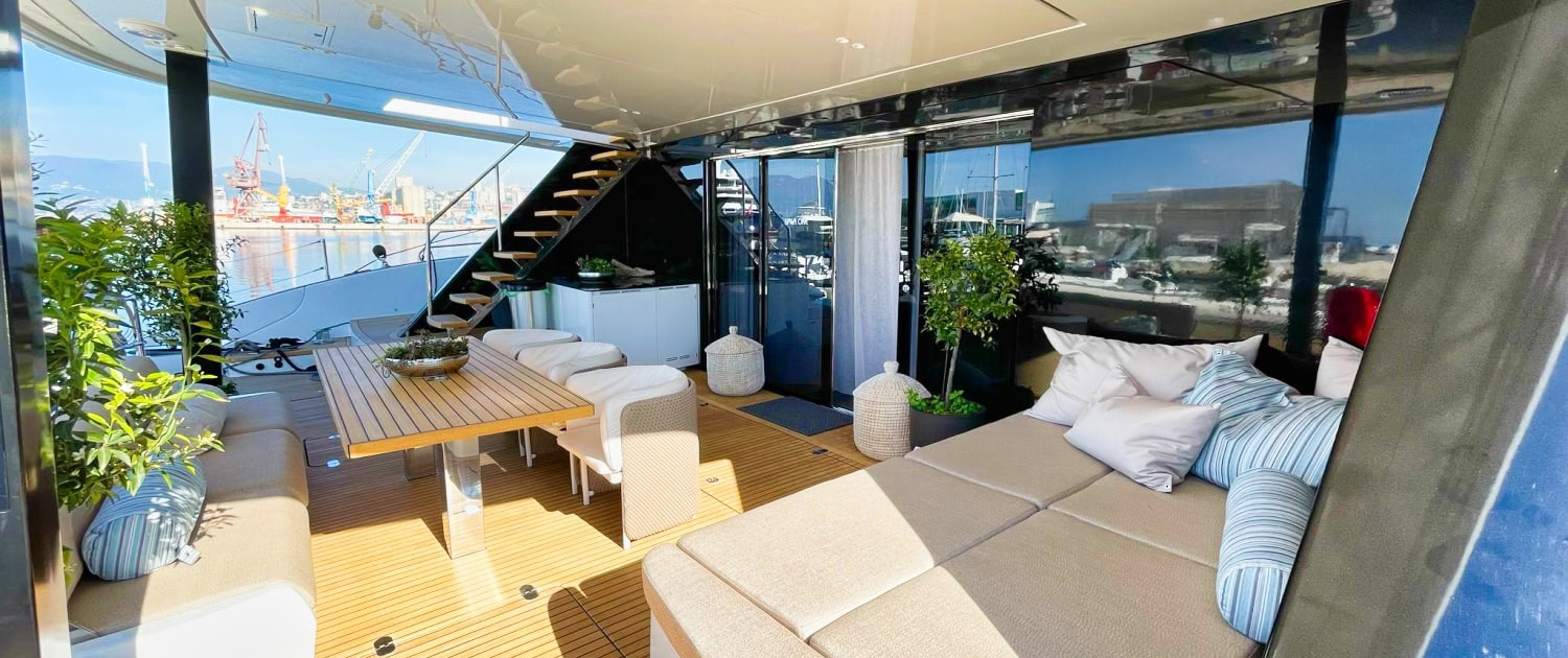 Luxury Sunreef 80 yacht interior with spacious lounge and panoramic views.