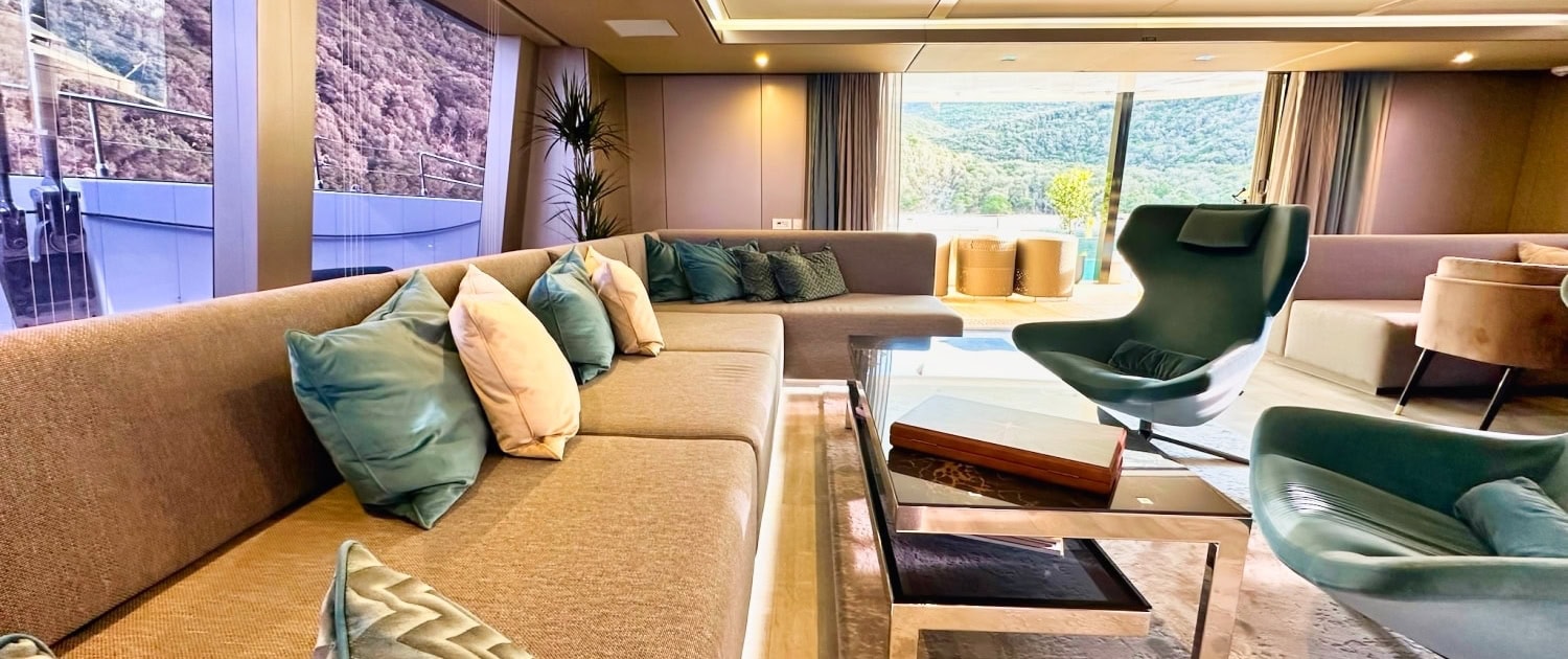 Luxury Sunreef 80 yacht lounge with panoramic views.