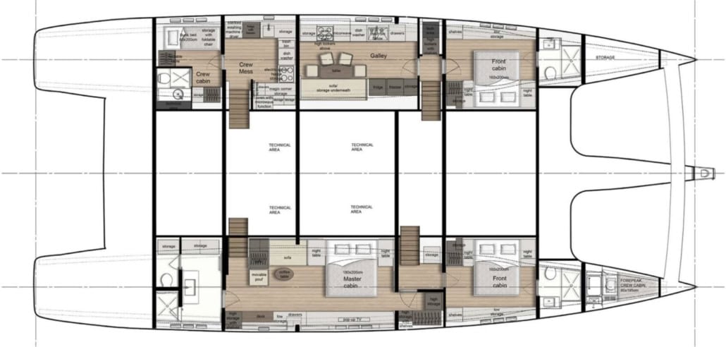 Interior layout of the Sunreef 80 luxury sailing yacht.