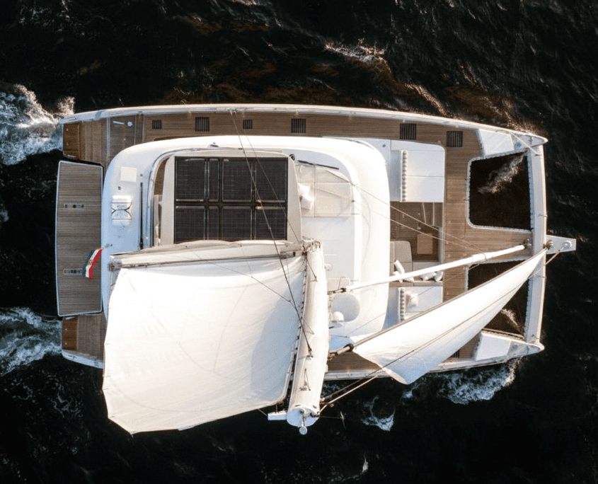 Luxury sailing catamaran from Ocean Sailing House fleet, viewed from above.