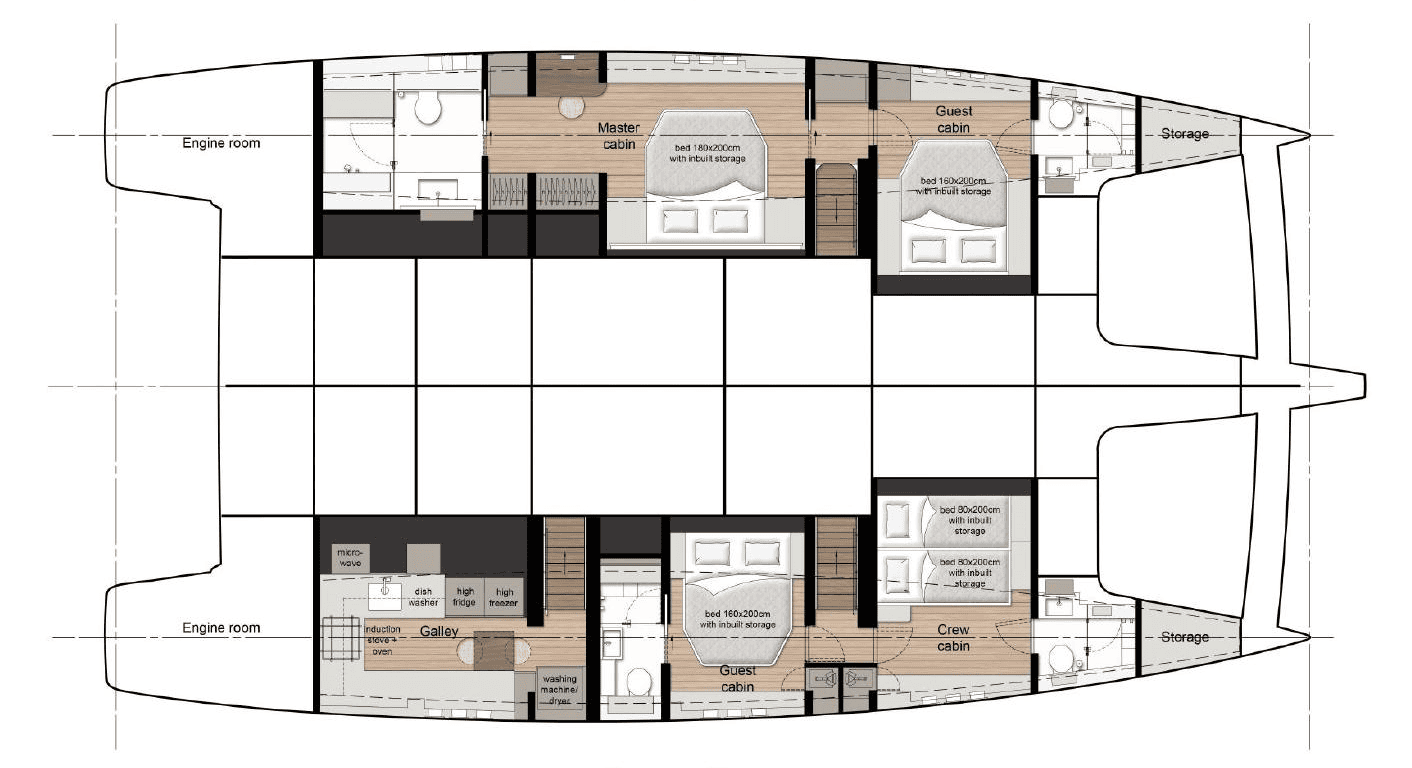 Luxury yacht interior with spacious cabins and modern amenities.