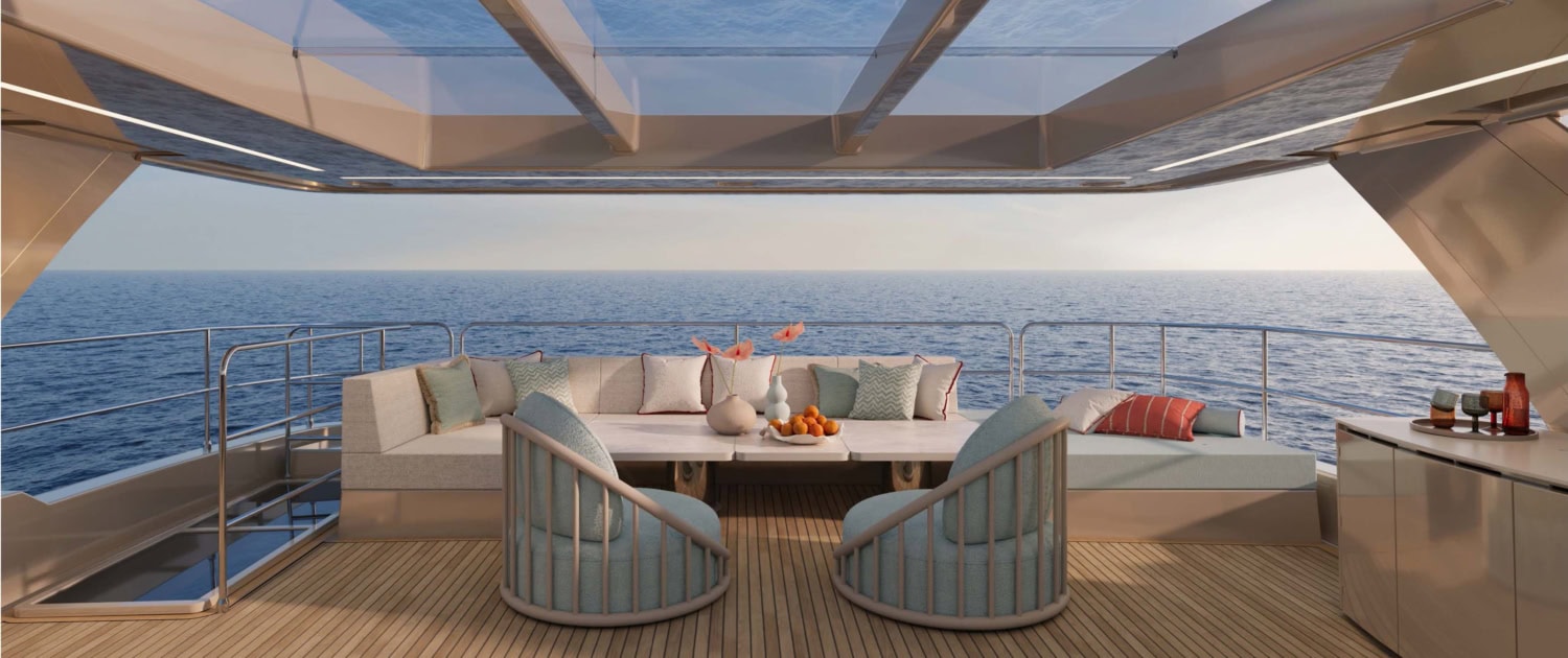 Luxury yacht deck with comfortable seating and panoramic ocean view.