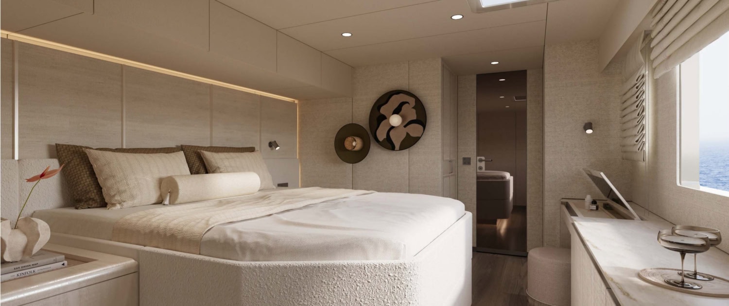 Modern ocean sailing house bedroom with sea view and stylish decor.