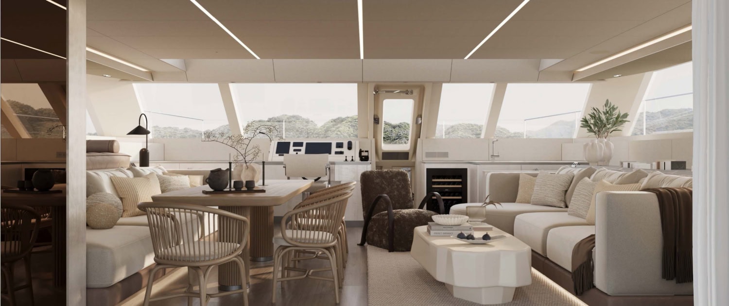 Luxury yacht interior with panoramic windows and modern furnishings.
