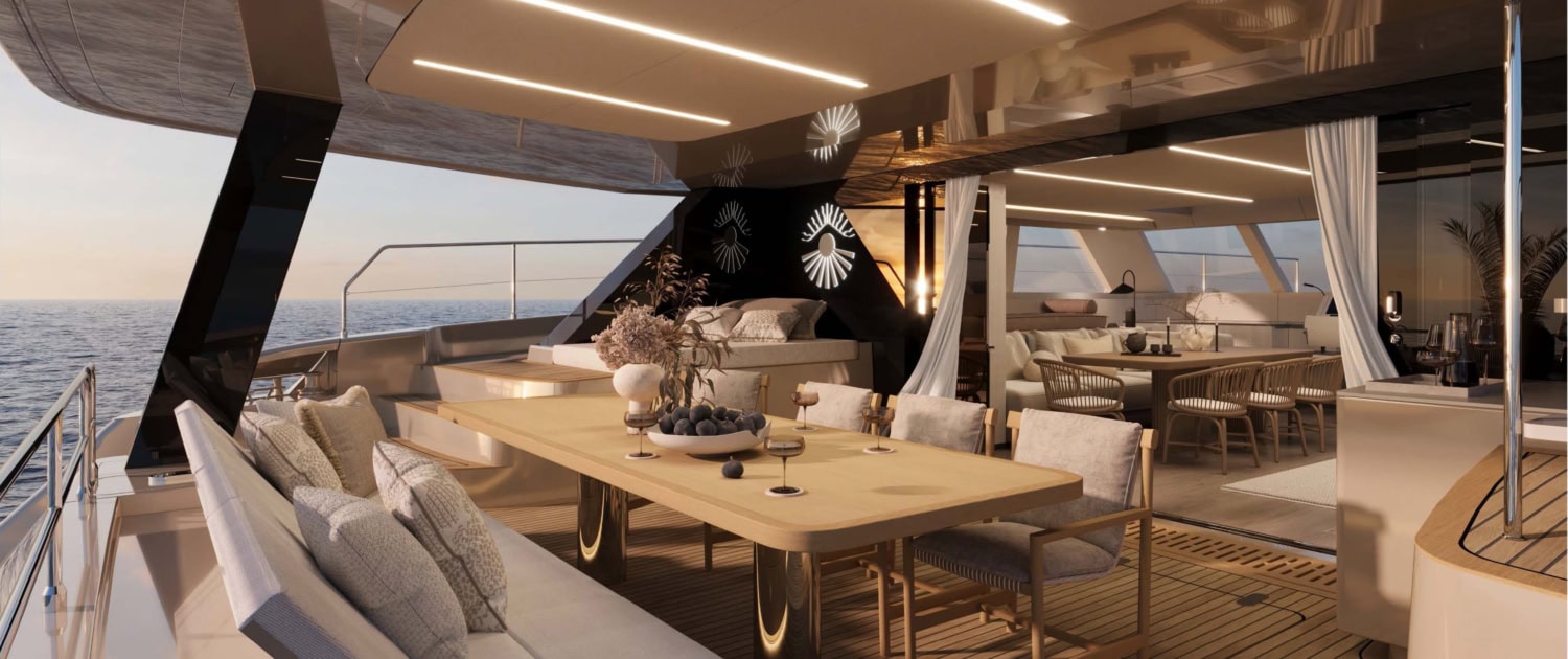 Luxury yacht interior with panoramic ocean views and modern decor.