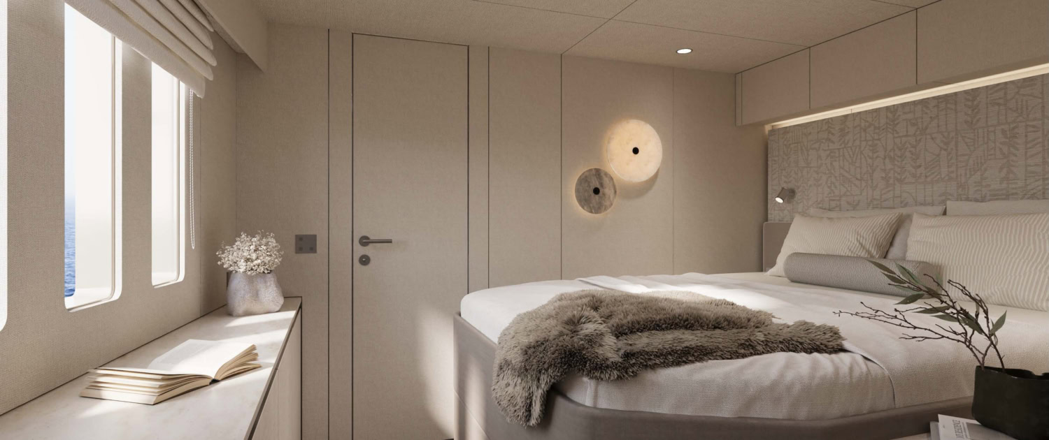 Cozy bedroom with minimalist decor and ocean views at Ocean Sailing House.